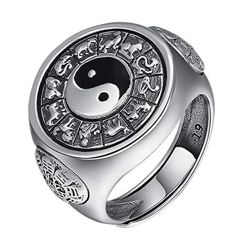 ForFox Vintage 925 Sterling Silber Emaille Yin Yang Spinner Ring mit Sternzeichen Chinesischer Feng Shui Schmuck für Herren Damen Offen und Verstellbar von ForFox