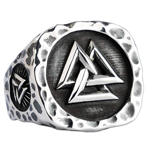 ForFox Vintage Schwarz 925 Sterling Silber Dreiecke Valknut Ring mit Vegvisir Kompass Keltischer Wikinger Schmuck für Herren Damen Verstellbar Offen und Verstellbar von ForFox