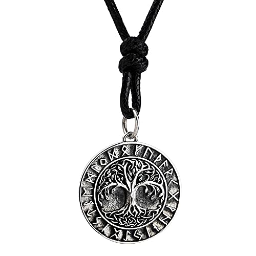 ForFox Vintage Schwarz 925 Sterling Silber Yggdrasil Halskette Wikinger Baum des Lebens Anhänger mit Runen für Herren Damen Wachsseil von ForFox