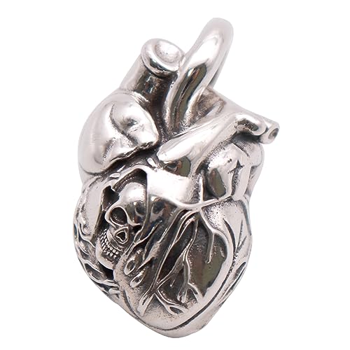 ForFox Vintage Massiv 925 Sterling Silber Anatomisches Herz Anhänger mit Totenkopf für Herren Damen von ForFox