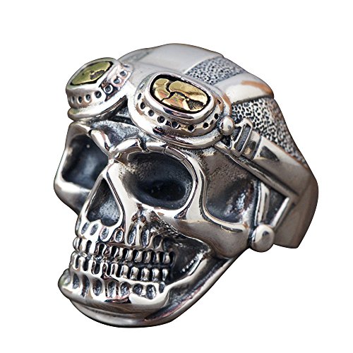 ForFox Schwarz 925 Sterling Silber Totenkopfring Skull Schmuck mit Golden Brille für Herren Damen Offen und Verstellbar von ForFox