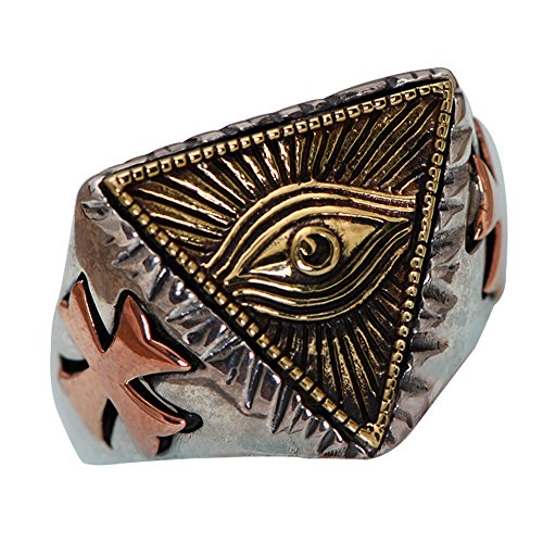 ForFox Vintage 925 Sterling Silber Freimaurer Illuminati Ring mit Golden Alles sehende Auge Kreuz für Herren Damen Offen und Verstellbar von ForFox