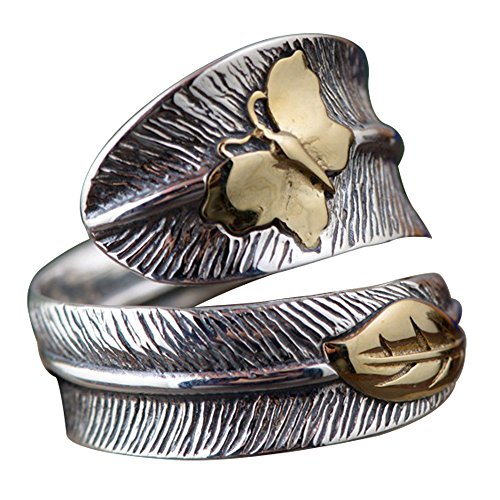 ForFox Vintage Schwarz 925 Sterling Silber Feder Ring mit Golden Schmetterling Blatt Federring Schmuck für Herren Damen Offen und Verstellbar von ForFox