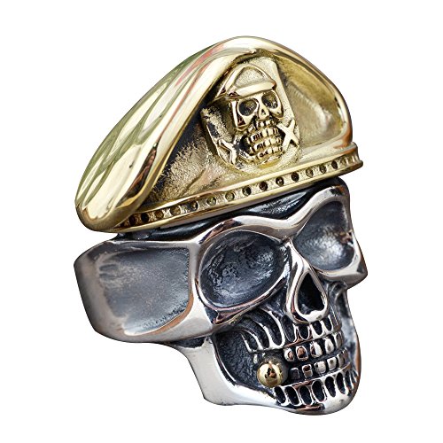 Punk 925 Sterling Silber Piraten Totenkopf Ring mit Golden Hat Skull Schmuck für Herren Damen Offen und Verstellbar von ForFox