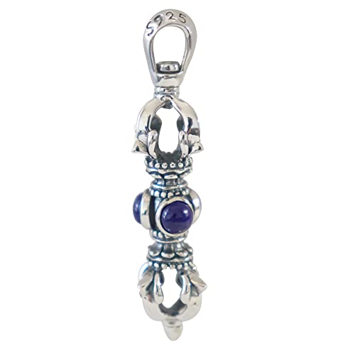 ForFox Vintage 925 Sterling Silber Dorje Vajra Anhänger mit Lapislazuli Buddhismus Amulett Schutz Schmuck für Herren Damen von ForFox