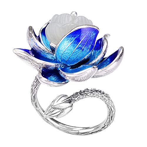 ForFox Vintage 925 Sterling Silber Blau Emaille Lotus Blume Ring Lotusblume Ring mit weiße HETIAN Jade für Damen Offen und Verstellbar von ForFox