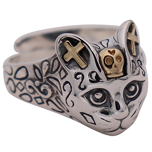 ForFox Vintage 925 Sterling Silber Katzen Kopf Ring mit Golden Totenkopf Kreuz Biker Schmuck für Herren Damen Offen und Verstellbar von ForFox