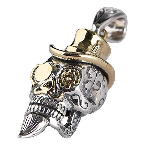 ForFox Gothic 925 Sterling Silber Totenkopf Schädel Anhänger mit Golden Hut Brille Skull Schmuck für Herren Damen von ForFox