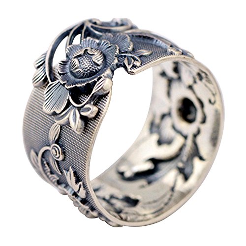 ForFox Damen Schwarz Breit 999 Sterling Silber Orientalische Pfingstrose Blume Ring 15mm Offen und Verstellbar von ForFox