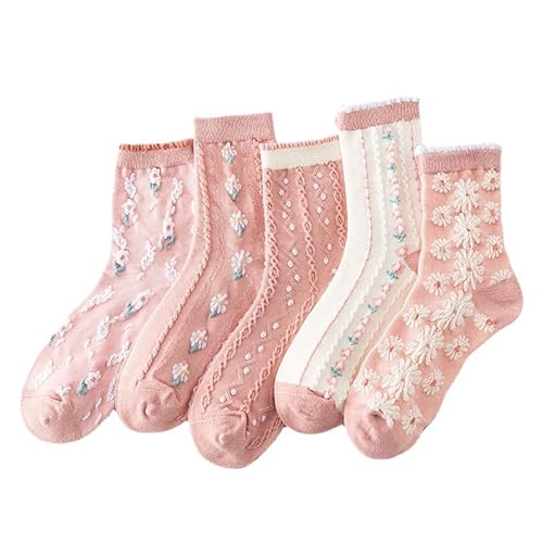 FORJMMP Vintage bestickte Blumen Socken für Frauen gekämmte Baumwolle Crew Socken, 5 Paar-Rosa, 37-40.5 EU von FORJMMP