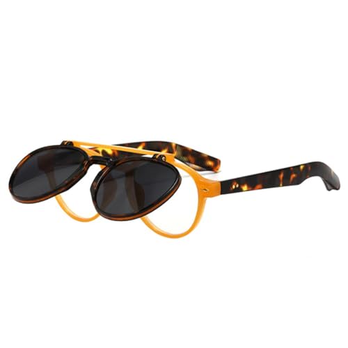 Beliebte Mode Doppelstege Damen Ovale Sonnenbrille Retro Flip Lens Shades UV400 Herren Nieten Punk Gradient Sonnenbrille (Orange Leopard Grau) von FORLUZ