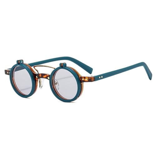 Beliebte Mode Kleine Runde Punk Doppelstege Damen Sonnenbrille Retro Flip Lens Shades UV400 Herren Nieten Sonnenbrille (Grün Hellgrau) von FORLUZ