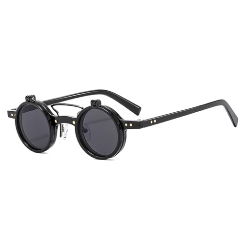 Beliebte Mode Kleine Runde Punk Doppelstege Damen Sonnenbrille Retro Flip Lens Shades UV400 Herren Nieten Sonnenbrille (Schwarz Grau) von FORLUZ