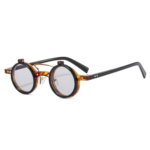 Beliebte Mode Kleine Runde Punk Doppelstege Damen Sonnenbrille Retro Flip Lens Shades UV400 Herren Nieten Sonnenbrille (Schwarz Hellgrau) von FORLUZ