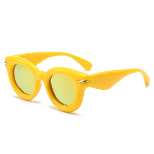 FORLUZ Damenmode Ovale Sonnenbrille in Bonbonfarbe Retro-Nieten Herren Trendy Punk Runde Sonnenbrille UV400 (Gelb Gelb Spiegel) von FORLUZ