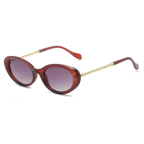 FORLUZ Klassische ovale Sonnenbrille für Damen, modische Metallkette an den Beinen, Katzenauge, olivgrüne Farbtöne, UV400 (hellrot-grau) von FORLUZ