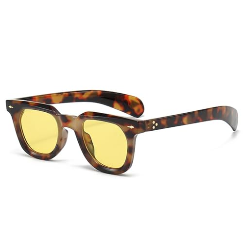 FORLUZ Kleine Damen-Sonnenbrille mit Nietendekoration, Retro-Punk-Stil, für Herren, gelb-blau, UV400 (Leopardengelb) von FORLUZ