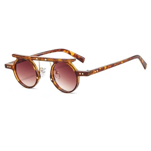 FORLUZ Kleine runde Punk-Sonnenbrille für Damen und Herren, modisch, hellgrau, mit Ozeanlinse, Luxusnieten (Leopardenbraun) von FORLUZ
