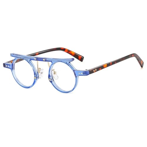 FORLUZ Kleine runde Punk-Sonnenbrille für Damen und Herren, modisch, hellgrau, mit Ozeanlinse, Luxusnieten (blau) von FORLUZ