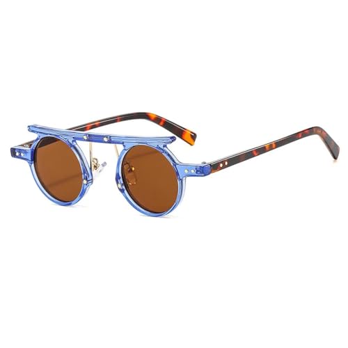 FORLUZ Kleine runde Punk-Sonnenbrille für Damen und Herren, modisch, hellgrau, mit Ozeanlinse, Luxusnieten (blau-braun) von FORLUZ