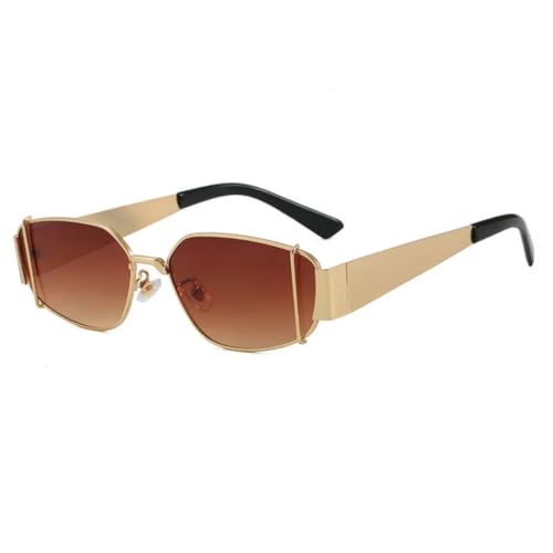 FORLUZ Luxuriöse rechteckige Damen-Sonnenbrille mit Metallrahmen, Punk-Stil, UV400 (golden, doppelt, braun) von FORLUZ