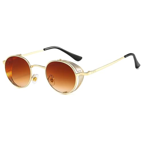 FORLUZ Modische Steampunk-Sonnenbrille für Herren, Vintage, Metall, rund, für Damen, kleine Sonnenbrille, UV400 (C3 Goldbraun) von FORLUZ