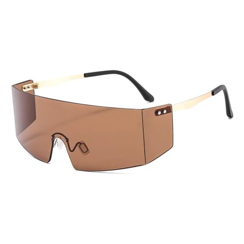 FORLUZ Modische randlose Sonnenbrille für Damen und Herren, große flache Brille, übergroße Spiegelbrille, UV400 (C3Gold-Braun) von FORLUZ