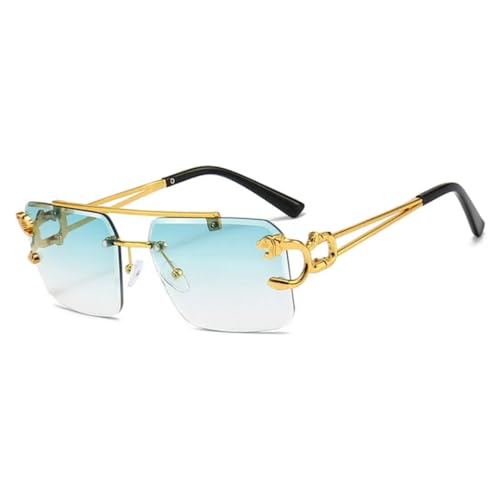FORLUZ Modische randlose Sonnenbrille mit Leopardenmuster aus Metall, Doppelsteg, Farbverlauf, Ozeanfilm, UV400 (grüner Farbverlauf) von FORLUZ