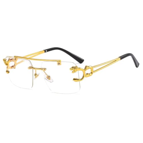 FORLUZ Modische randlose Sonnenbrille mit Leopardenmuster aus Metall mit Doppelsteg und Farbverlauf im Ozeanfilm-Look, UV400 (klar) von FORLUZ
