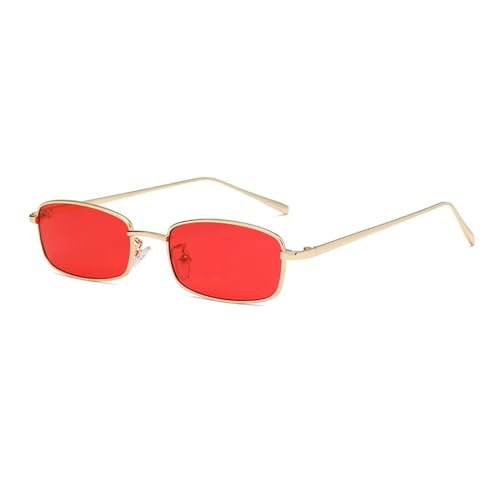 FORLUZ Modische rechteckige Damen-Sonnenbrille aus Legierung mit kleinem Rahmen, klare Vintage-Sonnenbrille für Herren, Rot, Gelb, UV400 (C6 Gold-Rot) von FORLUZ