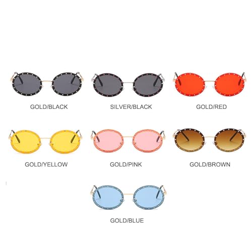 FORLUZ Randlose runde Sonnenbrille mit Strasssteinen für Damen, modischer Metallrahmen, Schwarz/Pink, Vintage-Sonnenbrille, UV400 (Silber-Schwarz) von FORLUZ
