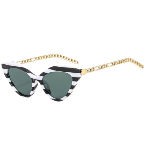 FORLUZ Retro Cat Eye Damen Sonnenbrille Mode Metallkette Shades UV400 Herren Trendy (Dunkelgrün gestreift) von FORLUZ