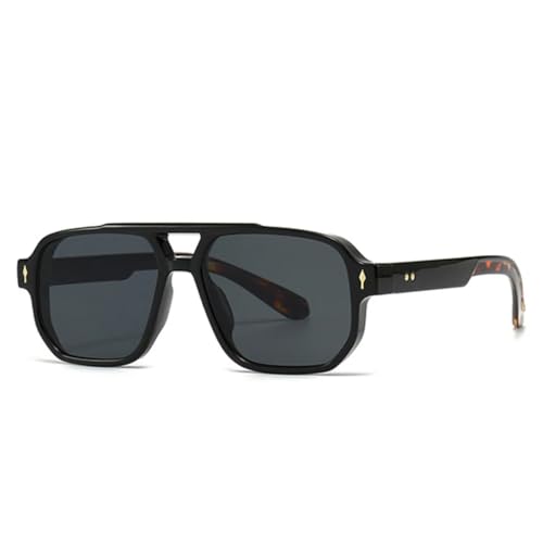 FORLUZ Retro Doppelsteg Sonnenbrille Damen Farbverlauf UV400 Mode Nieten Herren (Schwarz Leopard Grau) von FORLUZ