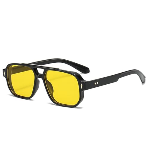 FORLUZ Retro Doppelstege Damen Sonnenbrille Mode Klare Ozean Farbverlaufsgläser UV400 Herren Nieten Punk Sonnenbrille (Schwarz Gelb) von FORLUZ