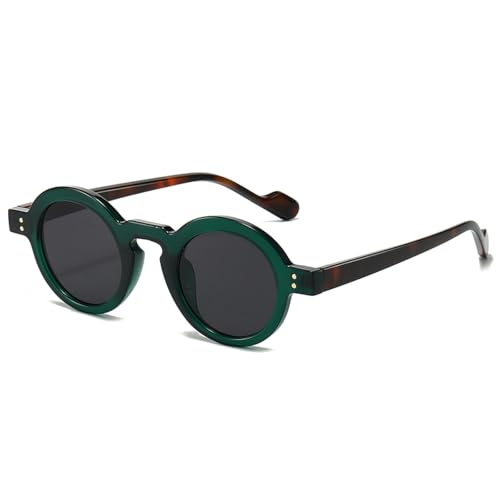 FORLUZ Retro Kleine Runde Sonnenbrille Damen Mode Klare Ozeanlinsen Sonnenbrillen UV400 Herren Nieten Trendy Punk Sonnenbrille (Grün Leopard Grau) von FORLUZ