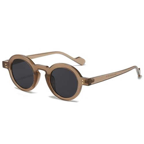 FORLUZ Retro Kleine Runde Sonnenbrille Damen Mode Klare Ozeanlinsen Sonnenbrillen UV400 Herren Nieten Trendy Punk Sonnenbrille (Teegrau) von FORLUZ