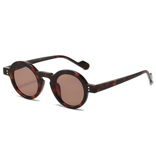 FORLUZ Retro Kleine Runde Sonnenbrille Damenmode Klare Ozeanlinsen-Sonnenbrille UV400 Herren Nieten Trendige Punk-Sonnenbrille (Leopardentee) von FORLUZ