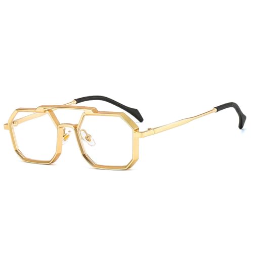 FORLUZ Retro Metal Punk Polygon Sonnenbrille Damenmode Klare Spiegelschirme UV400 Herren Rot Gelb Sonnenbrille (Golden Clear) von FORLUZ