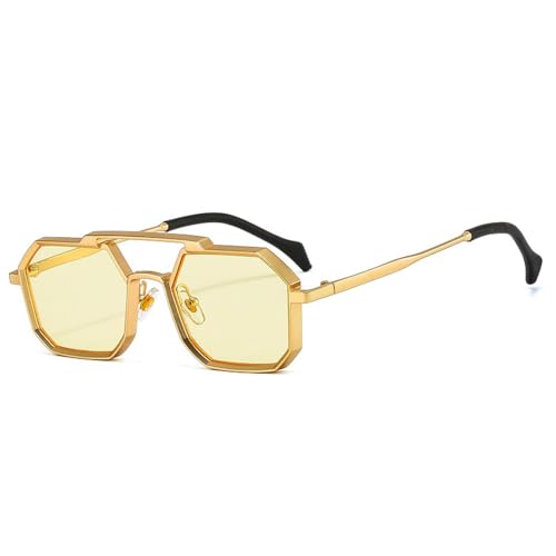 FORLUZ Retro Metal Punk Polygon Sonnenbrille Damenmode Klare Spiegelschirme UV400 Herren Rot Gelb Sonnenbrille (Goldgelb) von FORLUZ