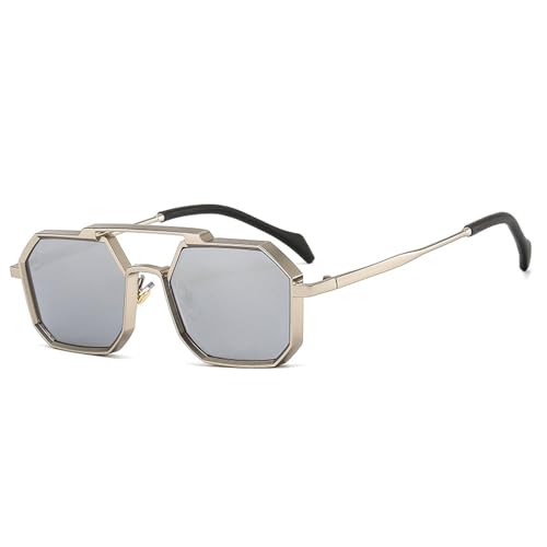 FORLUZ Retro Metal Punk Polygon Sonnenbrille Damenmode Klare Spiegelschirme UV400 Herren Rot Gelb Sonnenbrille (Silber Silber Spiegel) von FORLUZ