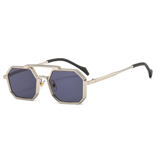 FORLUZ Retro Metal Punk Polygon Sonnenbrille Damenmode Klare Spiegelschirme UV400 Herren Rot Gelb Sonnenbrille (Silbergrau) von FORLUZ