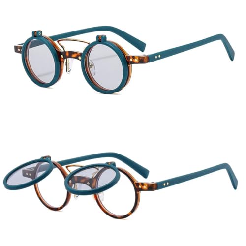 FORLUZ Retro-Nieten, kleine runde Punk-Doppelschicht-Clamshell-Sonnenbrille, UV400 (Grün, Leopardengrau) von FORLUZ