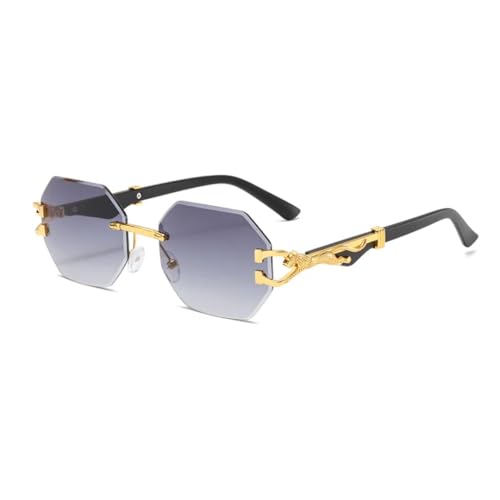 FORLUZ Retro Polygon Rahmenlose Gradienten Damen Sonnenbrille Luxus Holzmaserung Leopard Bein Herren Casual Brille UV400 (grau) von FORLUZ