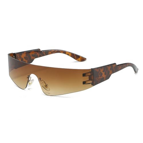 FORLUZ Retro Randlose Punk-Sonnenbrille Damenmode Bunte Spiegelschirme UV400 Herren Einteilige Sport-Fahrbrille (Leopardentee) von FORLUZ