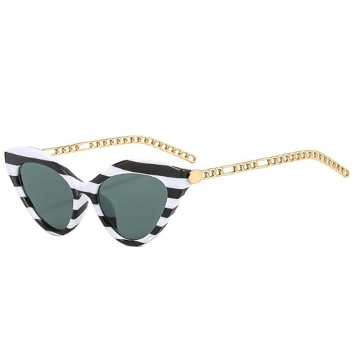 FORLUZ Retro-Sonnenbrille im Katzenaugen-Design für Damen und Herren, trendige Metallkette, UV400, dunkelgrüne Sonnenbrille (dunkelgrün gestreift) von FORLUZ