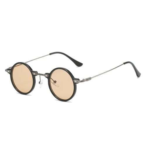 FORLUZ Retro Steampunk Kleine Runde Herren Hip Hop Sonnenbrille Mode Damen Klare Ozeanlinsen Sonnenbrillen UV400 Damen Brillengestell (Schwarz Champagner) von FORLUZ
