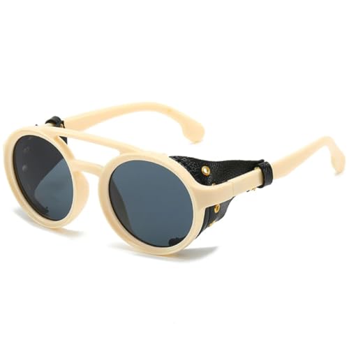 FORLUZ Sonnenbrille Herren Damen Klassische Runde Brillen Punk Shades (Beige Grau) von FORLUZ
