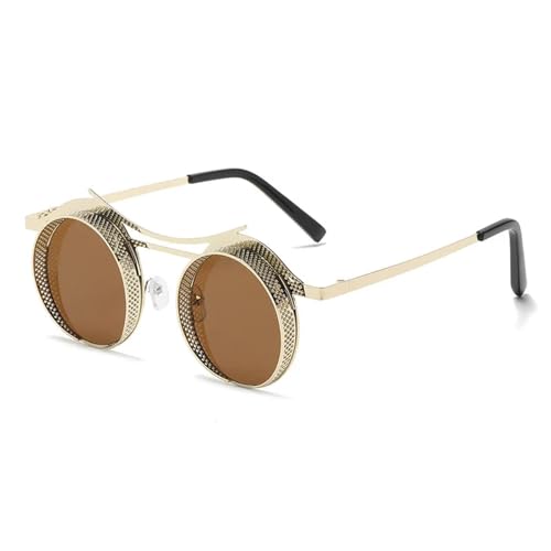 FORLUZ Steampunk Runde Sonnenbrille Damen Herren Metallgitter Brille Schutzbrille UV400 (C7Gold-Braun) von FORLUZ