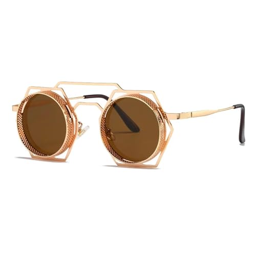FORLUZ Steampunk Runde Sonnenbrille Damen Herren Metallgitter Brille Schutzbrille UV400 (Goldbraun) von FORLUZ