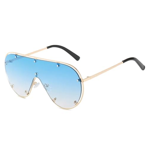 FORLUZ Übergroße randlose Sonnenbrille für Damen, modische Nieten, einteilige Linse, Vintage-Sonnenbrille, UV400 (C5Gold-Blau) von FORLUZ
